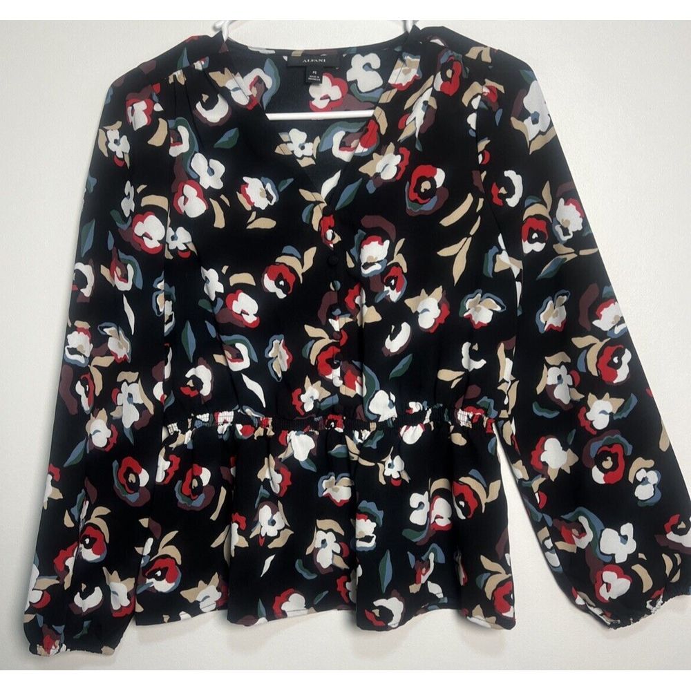 Alfani Women's Long Sleeve Blouse Black Flowered Elastic Waist - Petite Small